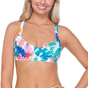 Raisins Beach Life White and Blue Tropical Print Bikini Swim Cross Back Top XL